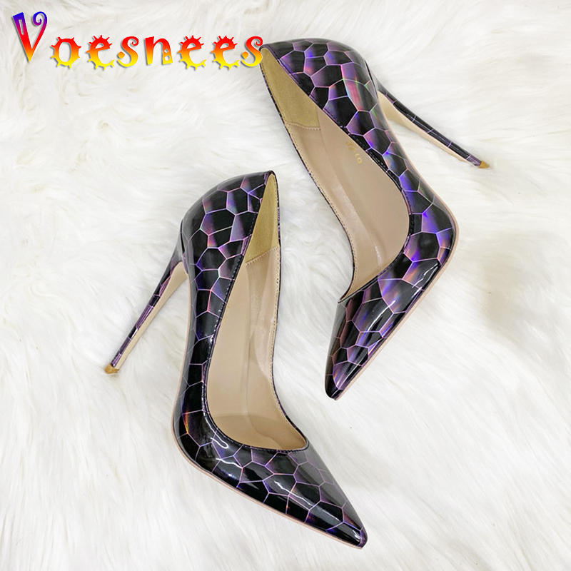 New Colorful Stone Pattern High Heels Pumps Fashion Pointed 12CM Single Shoes Comfortable Soft Leather Holographic Women's Shoe