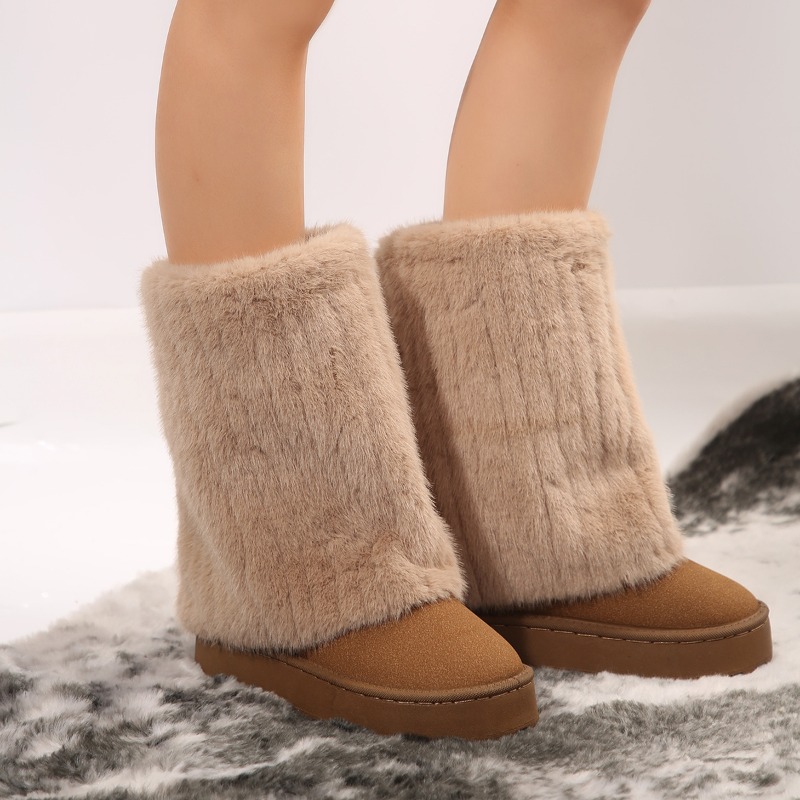 New Shoes for Women New Slip on Women's Boots Winter Round Toe Solid Flock Plush Warm Mid Heel Water Proof Casual Snow Boots