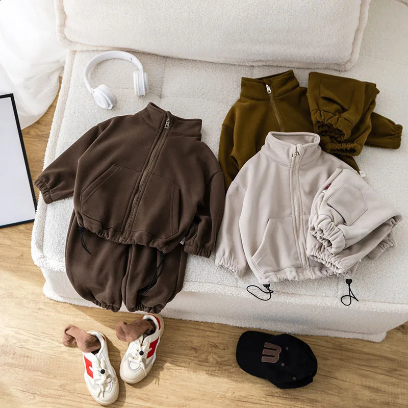 MILANCEL Winter Kids Thicken Clothes Set Girls Cute Solid Color Overcoat Pants Children Sports Suit Outwear 2PCS 240902