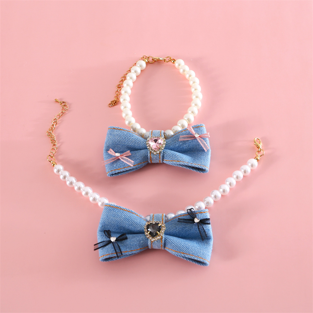 Pet Collar Pearl Denim Adjustable Puppy Collar Necklace Princess Heart Gemstone Rhinestone Birthday Bow Bichon Frize Dog Collars