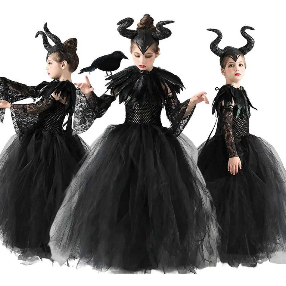 Halloween Costume Maleficent Tutu Dress For Girls Cosplay Evil Queen Black Mesh Princess Dress Kids Crow Wand Maleficent W250117