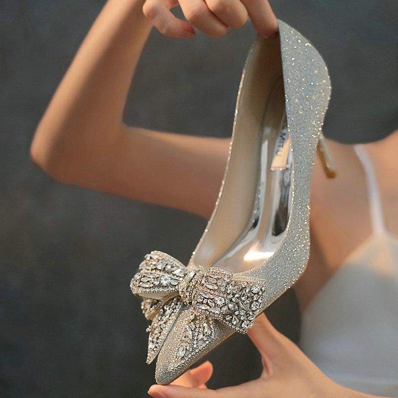 Luxury Wedding Shoes 2024 New Silver Rhinestone Bow Sequined High Heels Female Stiletto Bridal Shoes