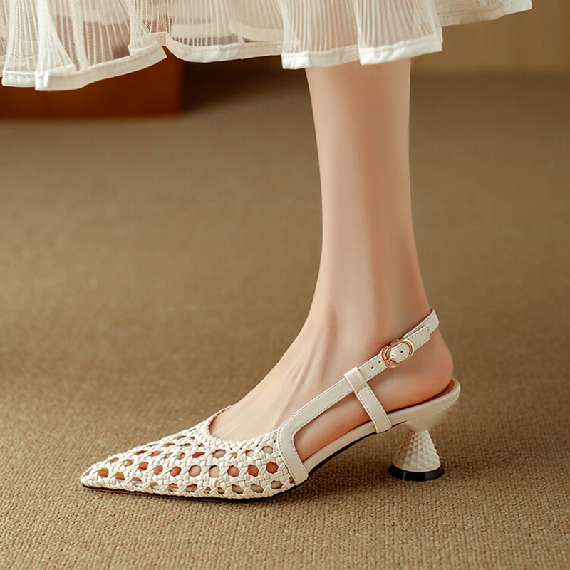 NEW Summer Women Sandals Fashion Shoes for Women Pointed Toe Strange Heel Shoes Cover Toe Slingback Sandals Weave Handmade Shoes