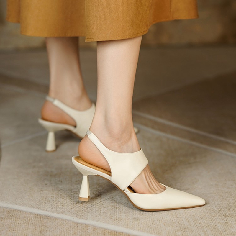Summer Sandals Women Genuine Leather Shoes for Women Retro Slip-On Women Pumps Pointed Toe Heels Shoes Women Zapatos De Mujer