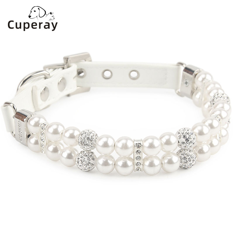 Dog Cat Pearl Collars with Crystal Rhinestone Diamond Décor, Adjustable Cute Pet PU Leather Collars Necklace for Small Dog Pets