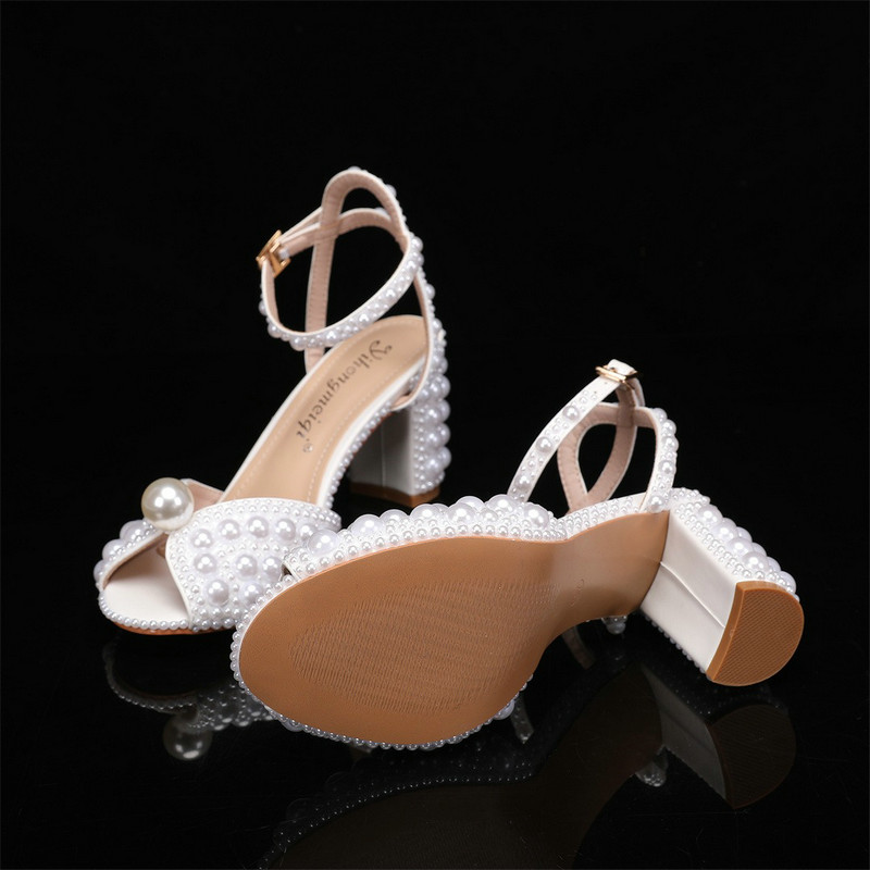 2024 New High Heels Thick Heel Shallow Mouth Women's Pearl Sandals Wedding Shoes Bridesmaid Shoes