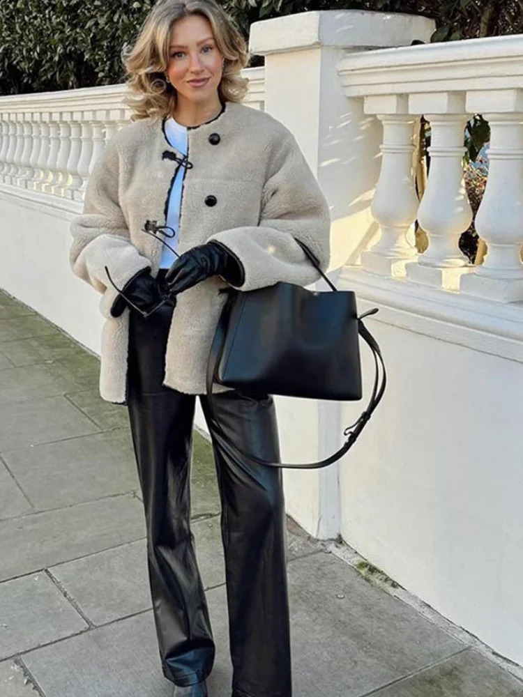 Fashion Patchwork O-neck Lamb Wool Coat For Women Chic Bull Horn Buckle Long Sleeve Loose Jacket 2024 Autumn Lady Warm Outerwear 240912