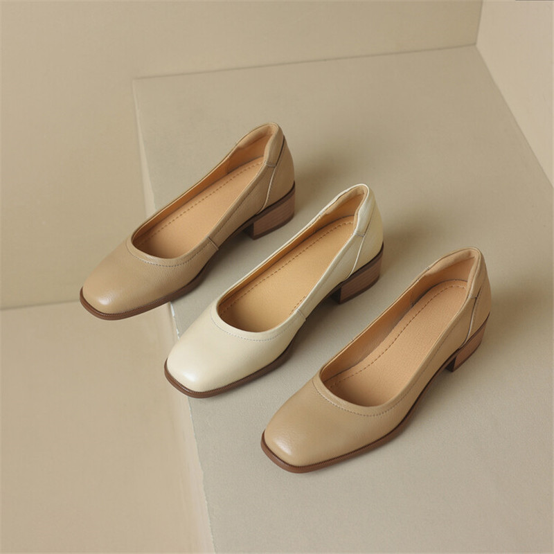 NEW Spring Autumn Genuine Leather Women Shoes Fashion Square Toe Chunky Shoes for Women Shallow Women Pumps Apricot Zaptos Mujer