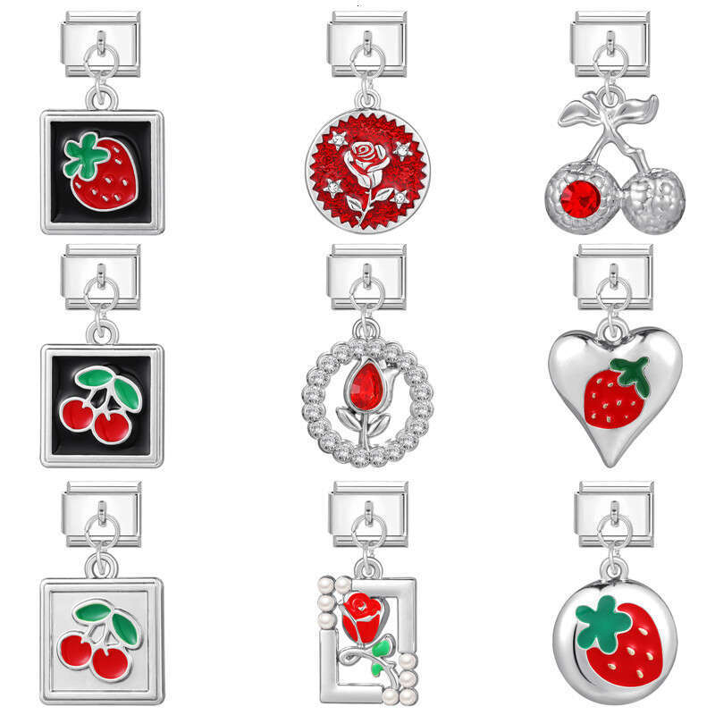 New Women's Gift red enamel Strawberry cherry bow Pendant Italian Charms Links Bangle Beads Fit 9mm Stainless Steel Bracelet Making DIY For Women