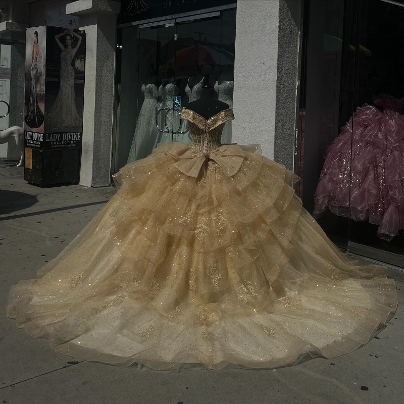 Champagne Shiny Ball Gown Quinceanera 2024 Applique Beads Bow Tull Tiered Sweet 16 Dress Formal Party Vestidos 15 De XV Anos