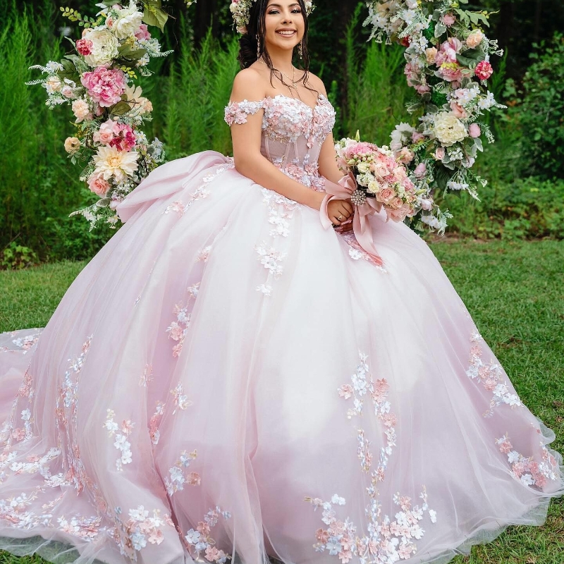 Pink Princess Off Shoulder Quinceanera Dresses 3D Floral Applique Beading Bow Tull Lace-up Corset Party Birthday Vestido De 15 Anos