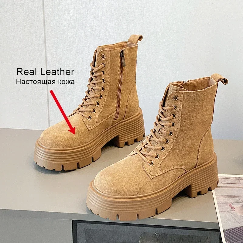 JOZHAMTA Size 34-41 Ankle Suede Thick High Heels Winter Shoes For Women Lace-Up 2025 Fashion Zipper Platform Boots