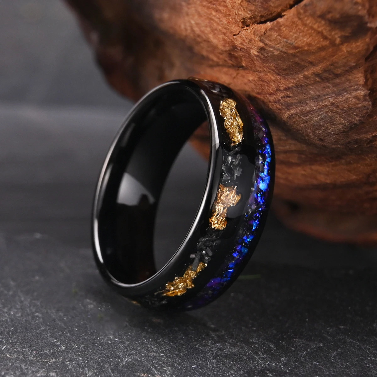 Black 8MM tungsten carbide gold foil mens ring mens wedding ring type polished suitable for anyone to wear 240905