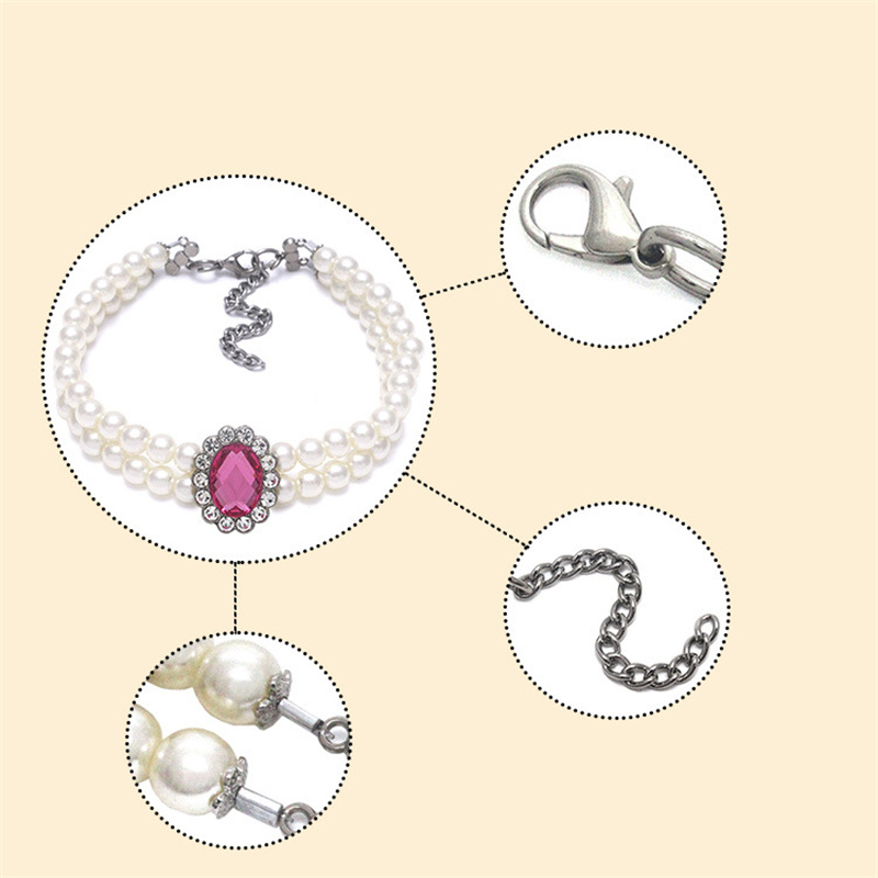 Pearl Pet Collar Necklace Double Row Imitation Gemstone Cat Collars Adjustable Rhinestone Accessory for Small Medium Dogs & Cats