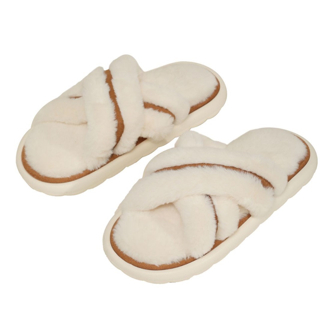 Women's Slippers: Fluffy Cozy Faux Fur Cross Indoor Slides, Soft Furry Ladies Flip ps 4 ry