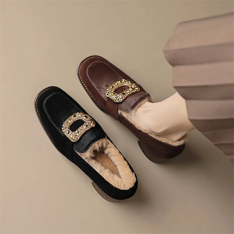 New Winter Sheep Suede Loafers Round Toe Women Pumps Shoes for Women Concise Ladies Shoes Chunky Heels Zaptos Mujer High Heels