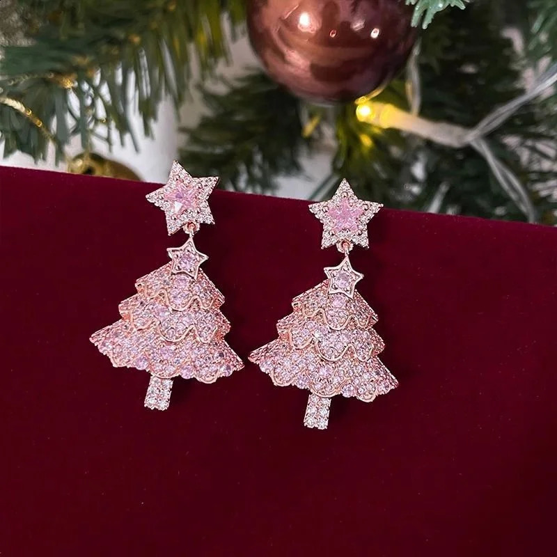 Sweet Pink Christmas Tree Earrings for Women Light Sparkling Zircon Dangle Earring Xmas Holiday Party Jewelry 240914