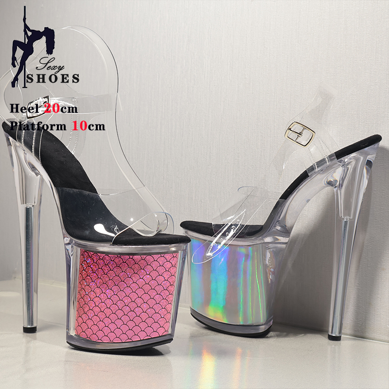 Sexy 20CM/8inches Exotic Stripper High Heel Sandals Transparent Heel Platform Glitter Stiletto Heels Pole Dancing Shoes Women