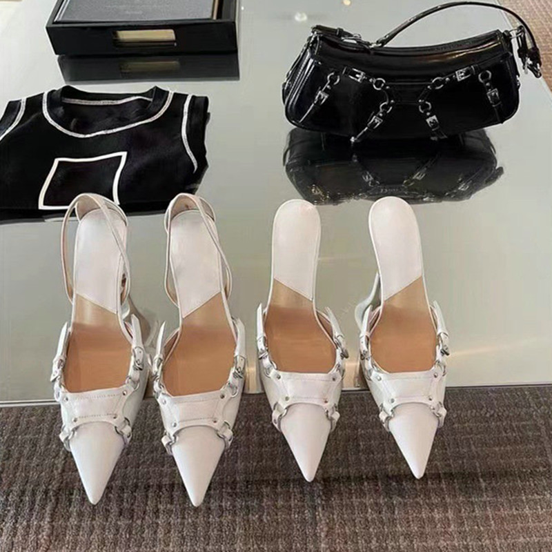2024 European New Sandals Black High Heels Niche Design Sense Belt Buckle Baotou Thin Heel Pointed Single Shoes Female Pumps