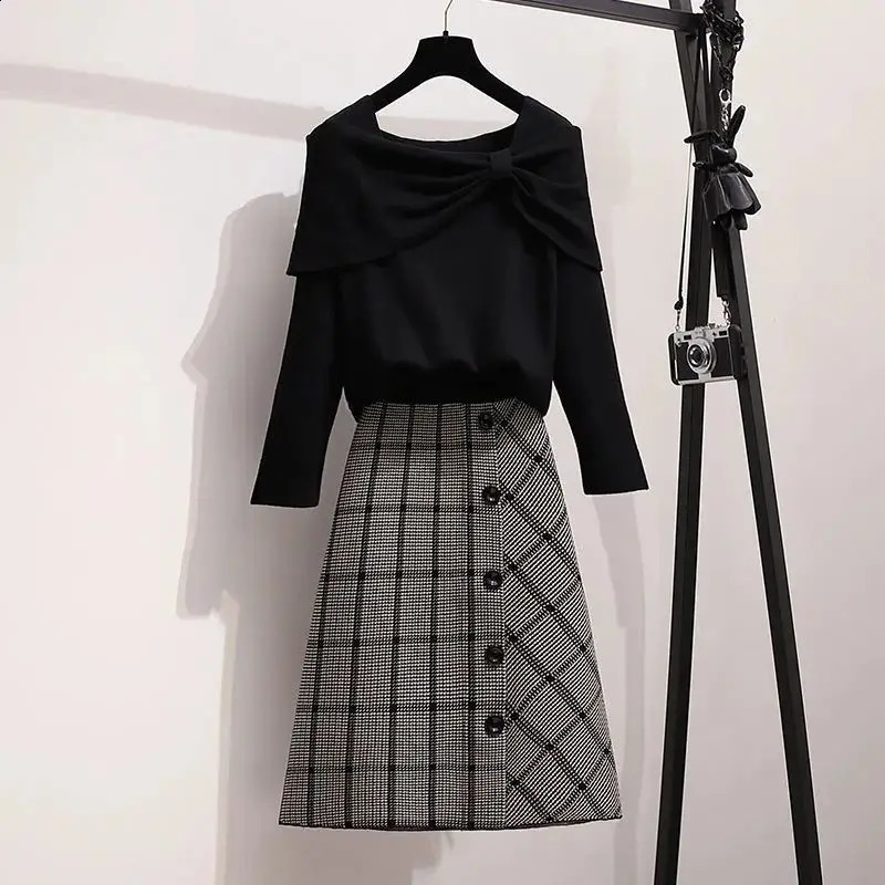 Red Bow Slant Neck Knitted Long Sleeve Floral Womens Sweater Black Checkered High Waist Womens Two Piece Set Long Sleeve Skiing 240905