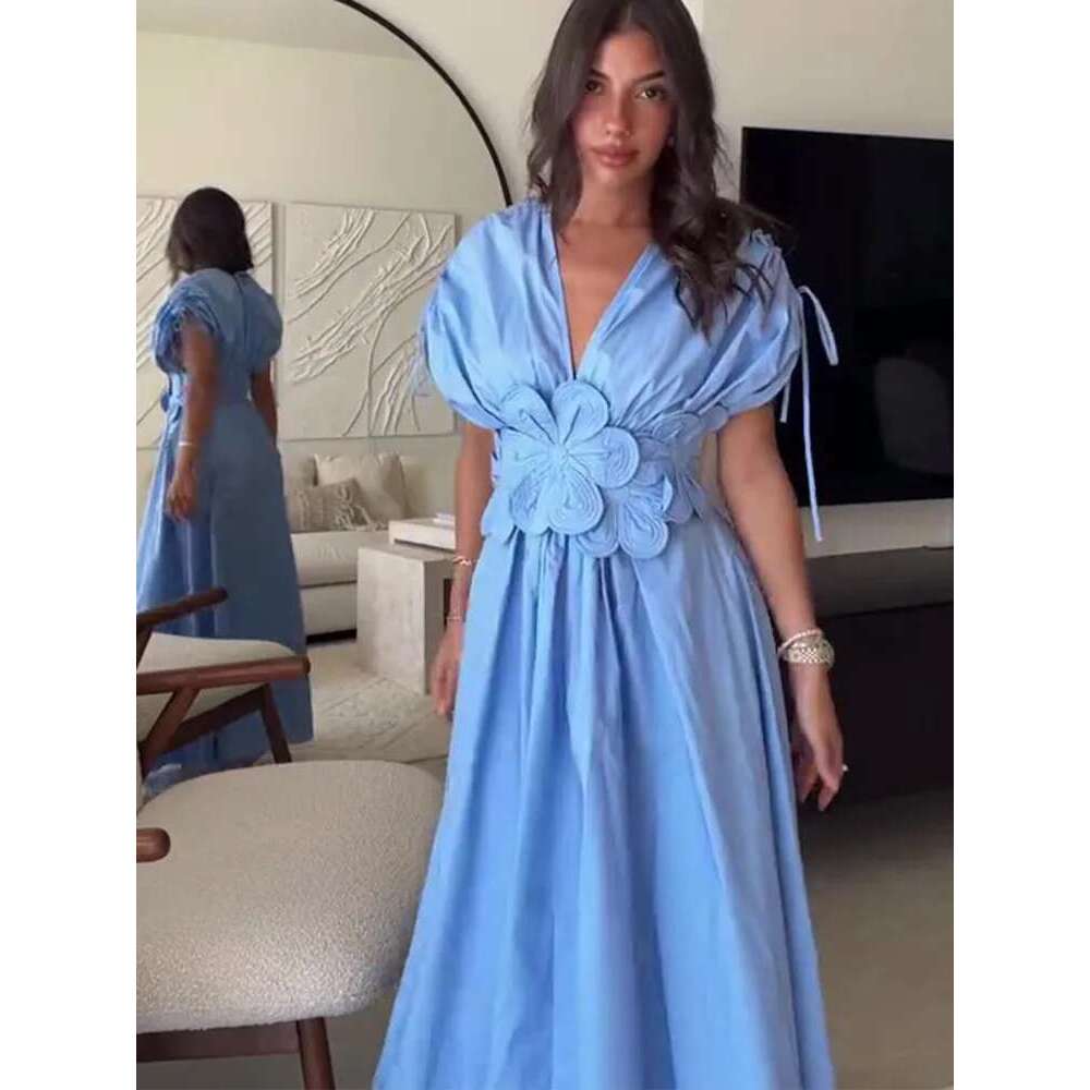 Chic Three-Dimensional Wer Drawstring Dress Women V-Neck Sleeveless High-Waisted Robe Lady Fashion Street Dresses