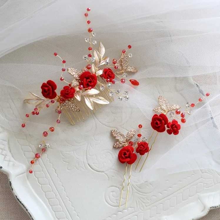Charming Red Flower Women Prom Headpiece Rhinestone Bridal Hair comb Wedding Headband Hair Pins AccessoriesX240913
