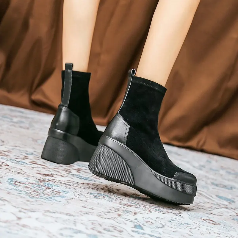 Women Shoes Autumn Woman Fashion Round Toe Ankle Boots Winter Elastic Black Comfortable Botines Botas Femme 8e08