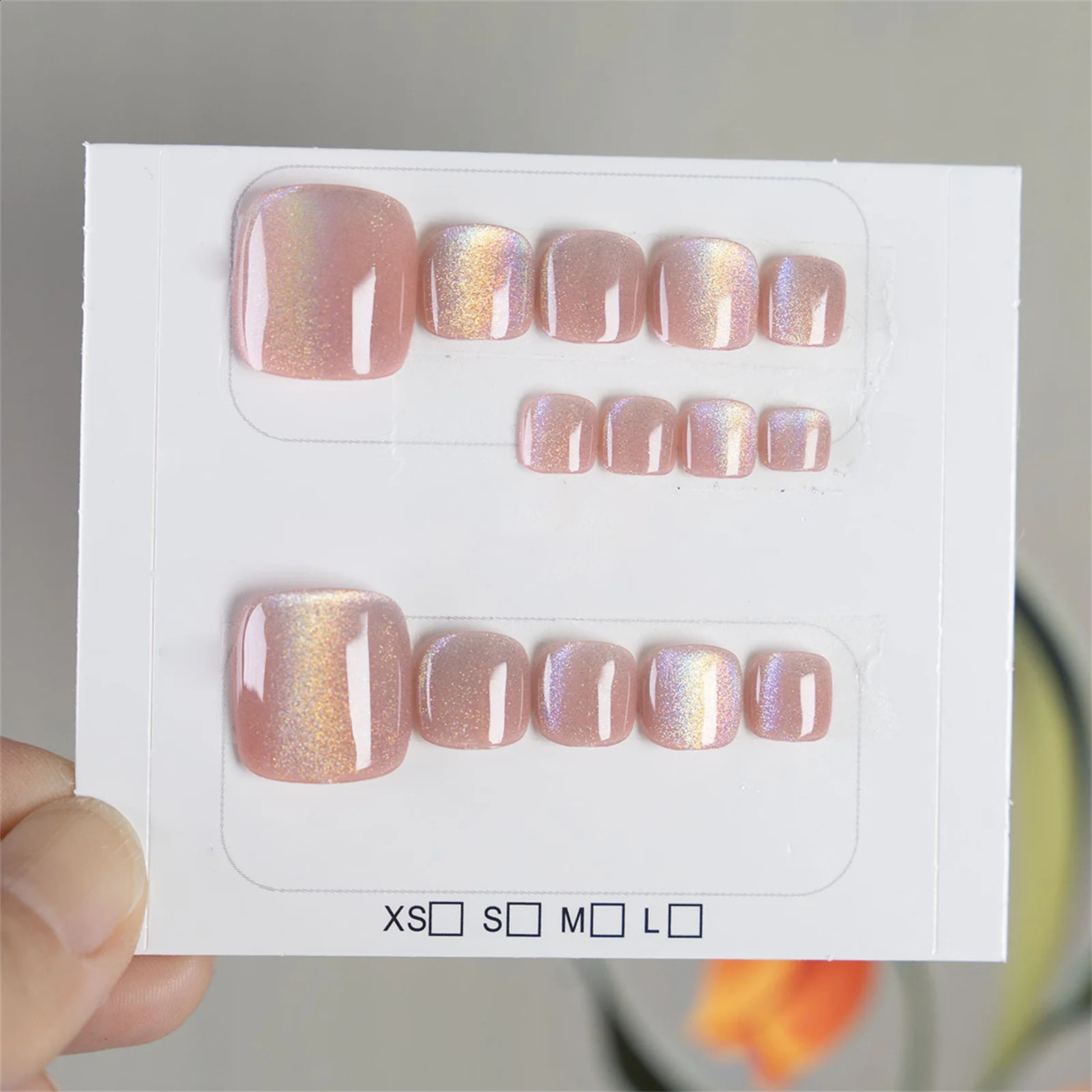 14pcs Handmade Rainbow Cats Eye False Toe Nails Press On Square Crystal Fake Toenails Wearable Summer Short Artificial Nails 240914