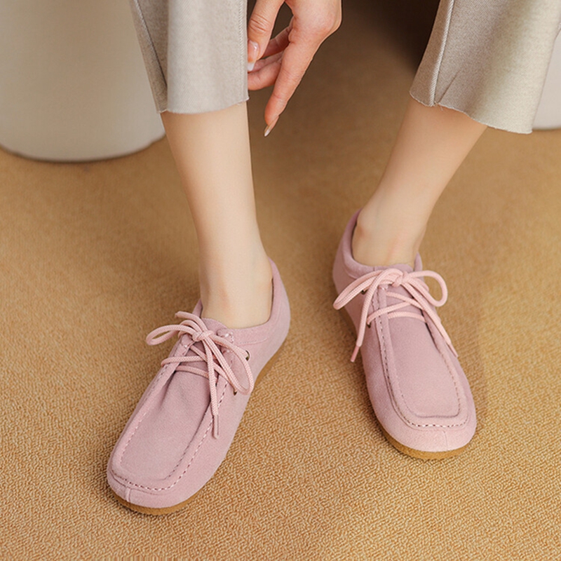Spring NEW Round Toe Low Heel Solid Ladies Loafers Cow Suede Leather Shoes for Retro Lace New up Women Pumps 94a3