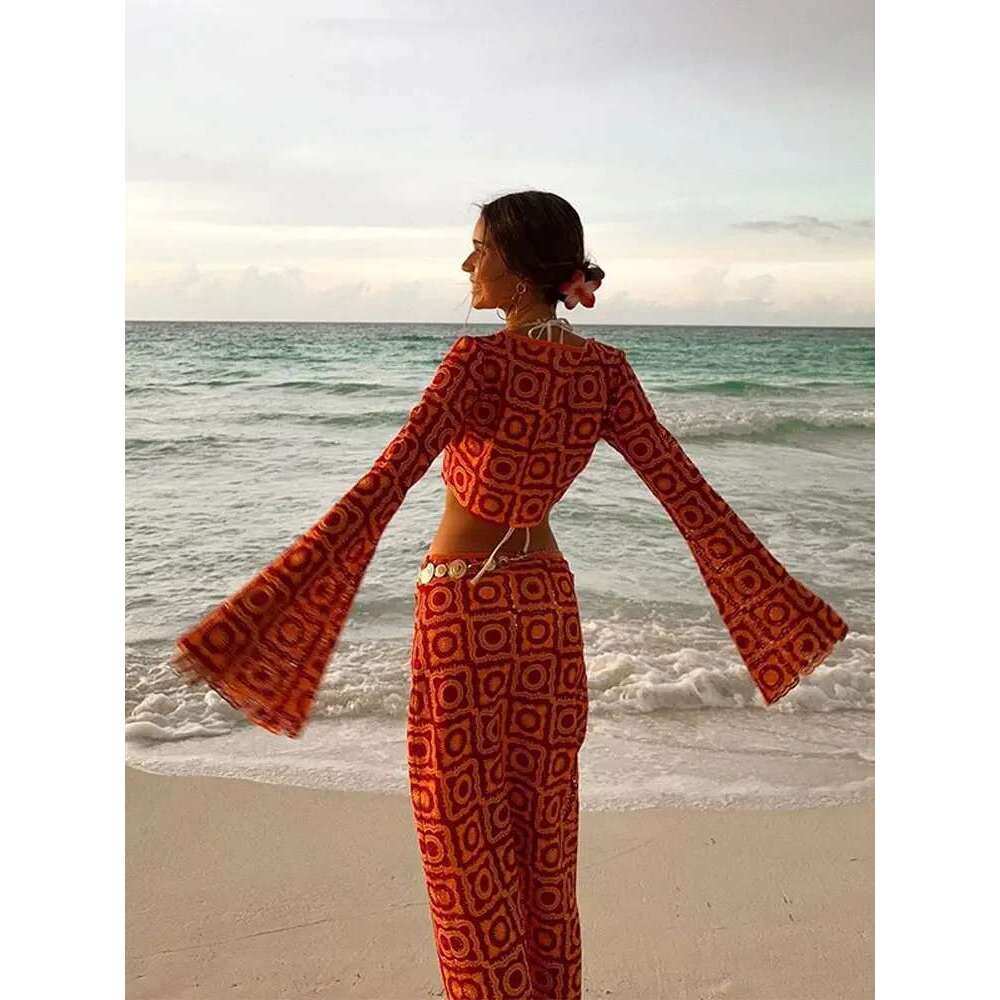 Holiday Crochet Hollow Out Women Midi Skirt 2 Piece Set Elegant Flare Long Sleeve Crop Top Suit Lady Vacation Beachwear