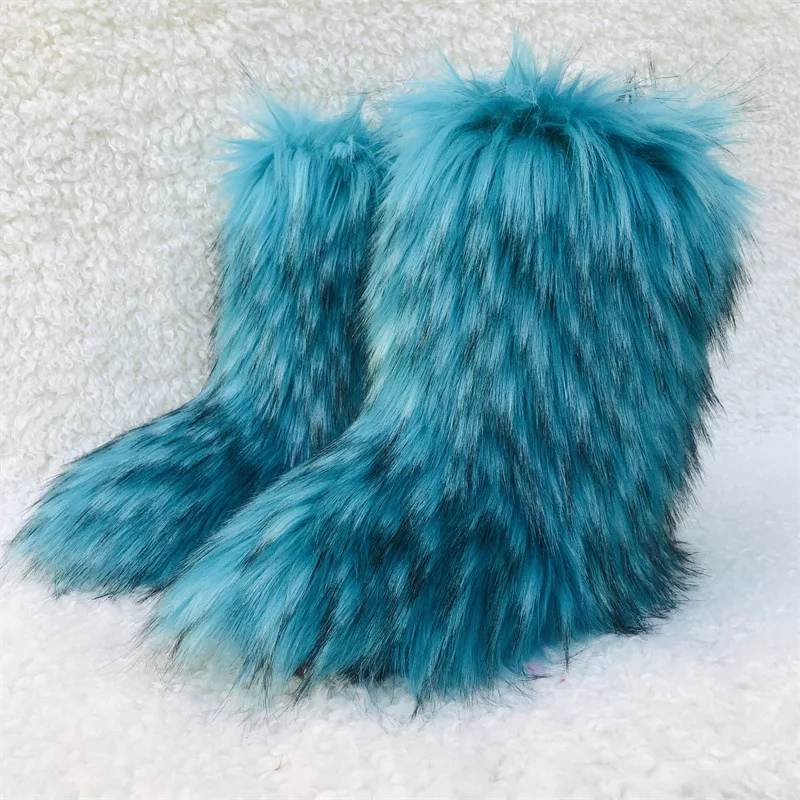 Women Fluffy Faux Fox Woman Plush Warm Snow Boots Footwear Girls Furry Fur Bottes Fashion Winter Shoe