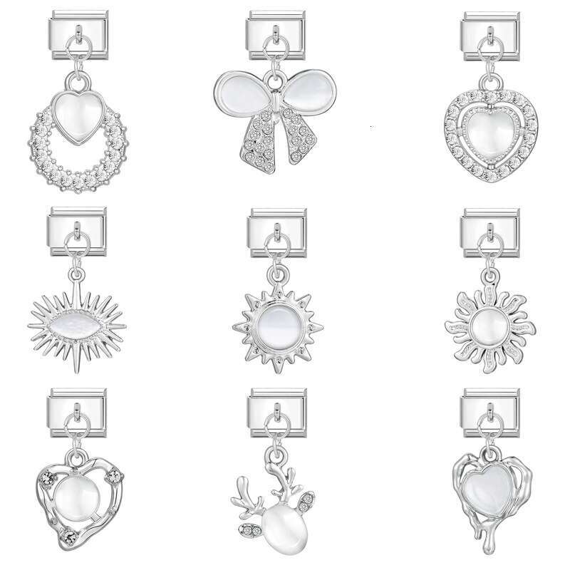 New Women's Gift heart bow with shine stone Pendant Italian Charms Links Bangle Beads Fit 9mm Stainless Steel Bracelet Making DIY For Women Fashi