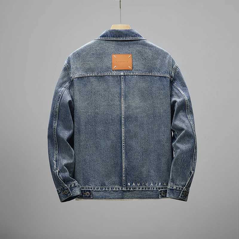 2024 New Retro Blue Denim Jacket Simple Personalized Design Trend Mens Jacket Thin Handmade Mens Top W240914