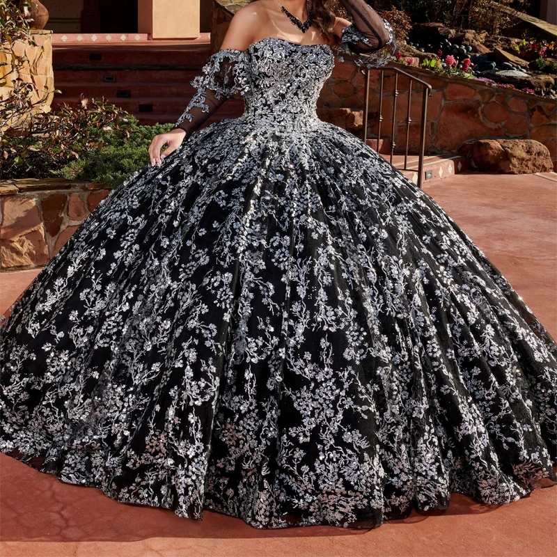Black Princess Quinceanera Dresses Off the Shoulder Ball Gown Sweet 16 Dress Beads Silvery Sequin Appliques Lace Party Birthday Vestidos De 15 Anos
