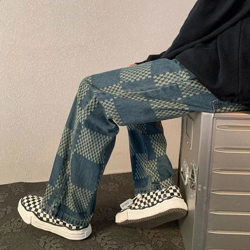 With Pockets Male Cowboy Pants Lattice Straight Jeans for Men Trousers Winter Casual Y 2k Vintage Summer Original Oversize 240911