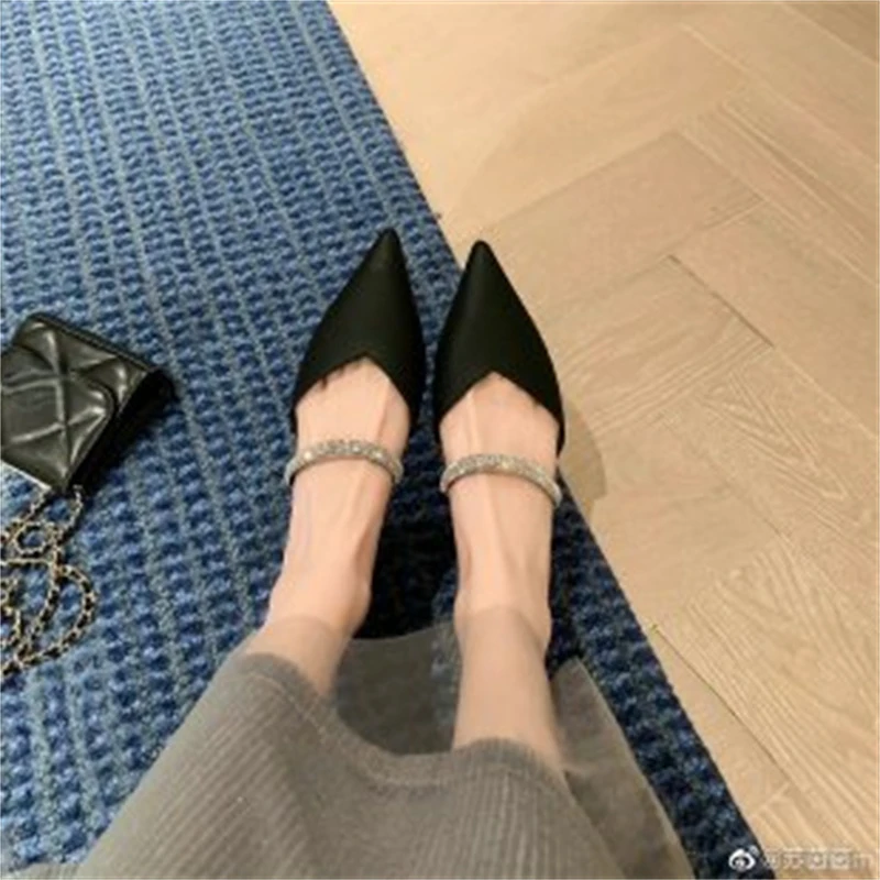 2024 New Baotou High Heels Pointed Toe Ladies Thick Heel Muller Shoes Fashion Rhie Slip-on Fairy Style Sexy Women Pumps 0044