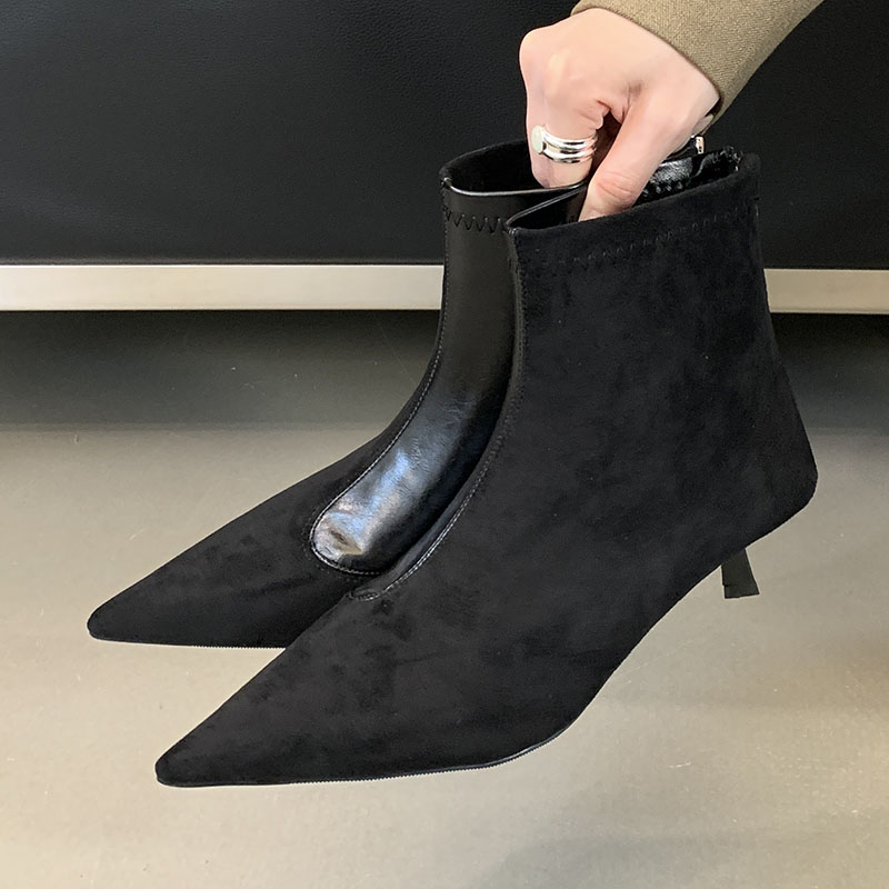 Fashion Pointed Toe Elastic Ladies Ankle Boots With Heels Zippers Footwear Modern Women Short Stretch Booties Shoes