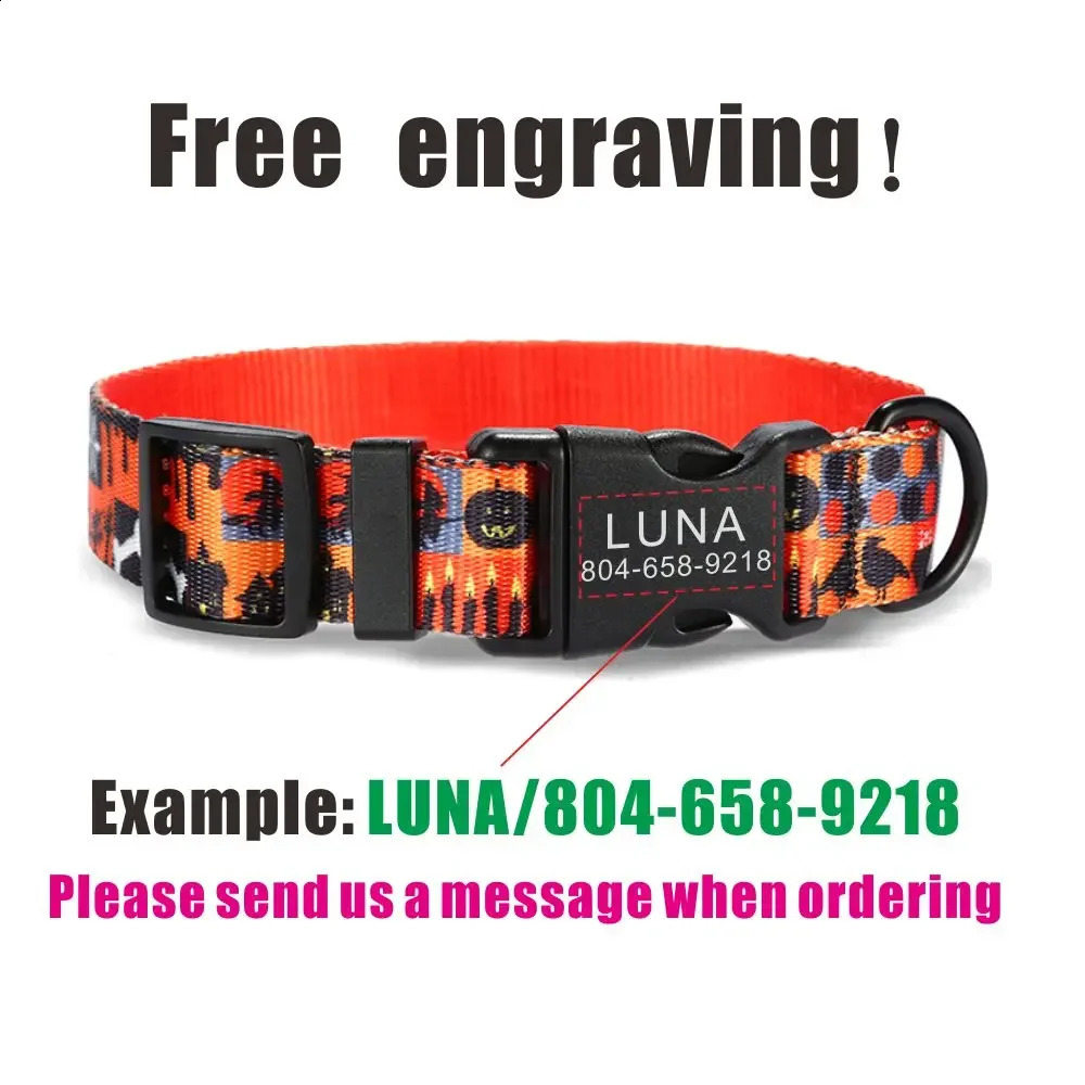 Personalized pet collar customizable name and ID adjustable Happy Halloween soft fiber cat and dog collar lead strap 240914