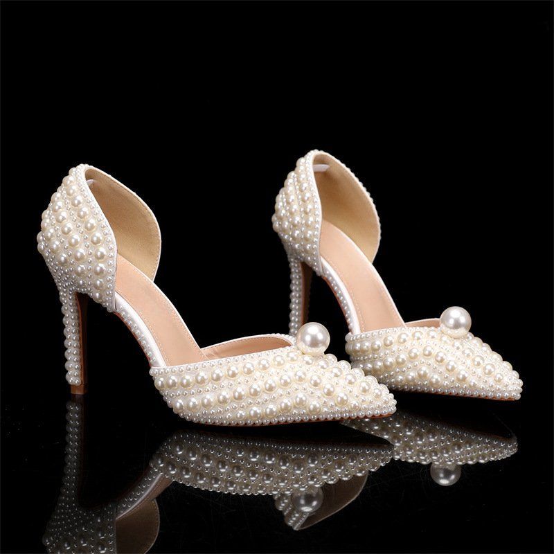 New All Pearl Shallow Mouth Summer Sandals Pointed Flat Bottomed/high Heeled Bride's Wedding Pearl Women Shoes Size 35-43