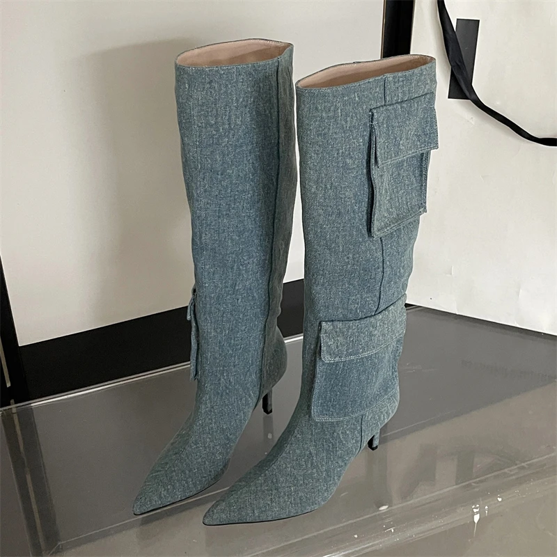 Eilyken Sexy Winter Thin High Heels Women Knee-High Boots Design Style Lattice Pointed Toe Banquet Party Female Shoes