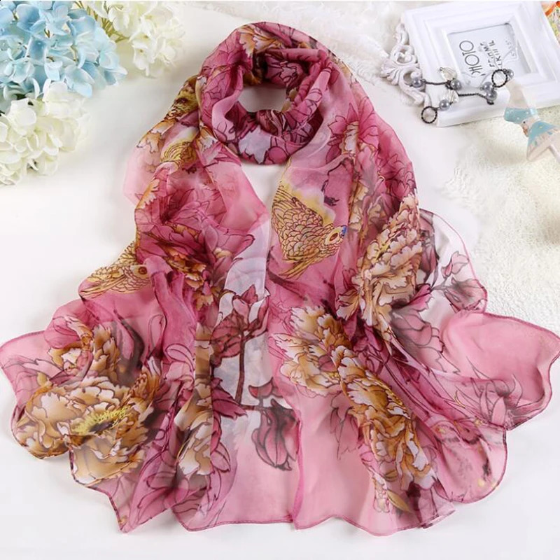 Women Fashion Chiffon Georgette Silk Scarf For Muslim Hijab Peony Flower Bandana Summber Beach Sarong Scarf Shawl HY30 240912