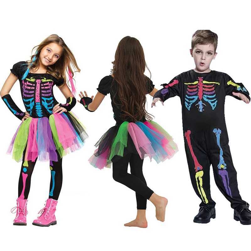 Halloween Rainbow Skeleton Girl Dress Colorful Skeleton Boy Costume Preschool Trendy Punk Bone Role Playing Costume Carnival Fancy Costume W240914