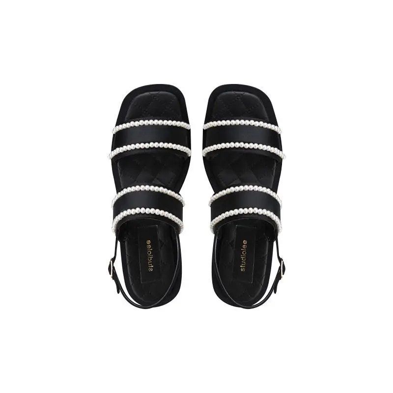 2022 Women's Pearl Sandals Female Ankle Buckle Flats Ladies Non Slip Summer Sandalias Mujer Peep Toe Woman Beach Footwear