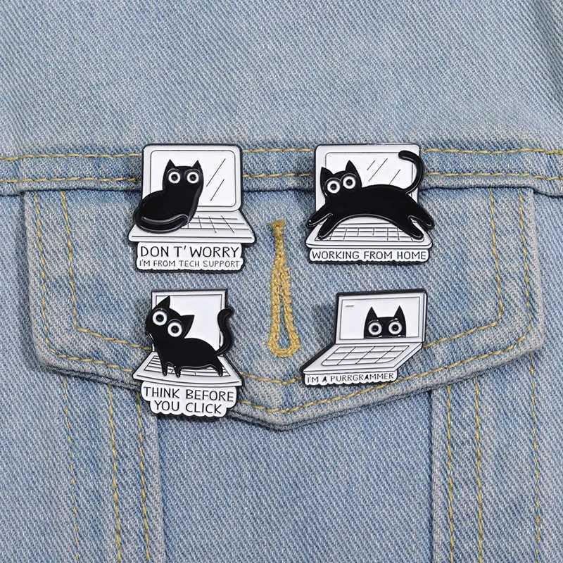 Cartoon Black Cat Computer Enamel Pins Cute Animal Creative Brooch Cowboy Clothes Jewelry Badge Gift For Friends Drop ShippingX240914
