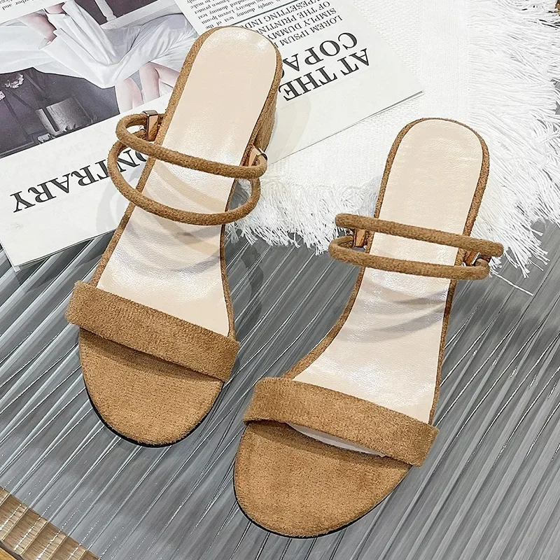 2024 summer Female open-toed wild thick suede med heels two wear sandals with New female Sandalias 2118