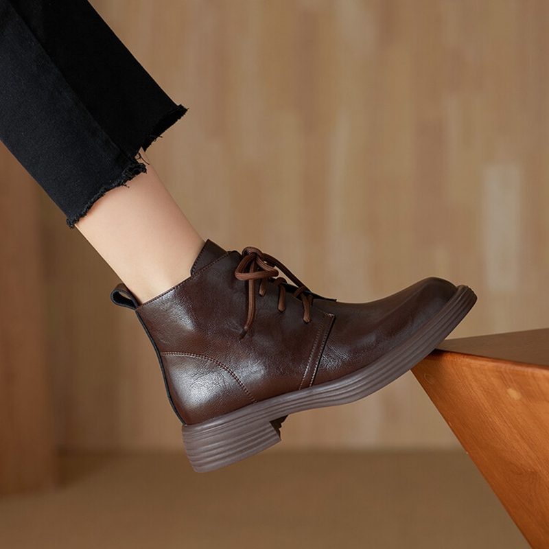 Autumn NEW Split Leather for Women Round Toe Chunky Heel Shoes Black Lace-up Ankle Casual Boots d0dd