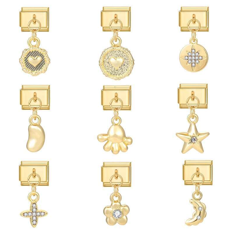 New Women's Gift Airplane pentagram Flower with gold Pendant Italian Charms Links Bangle Beads Fit 9mm Stainless Steel Bracelet Making DIY For Wo