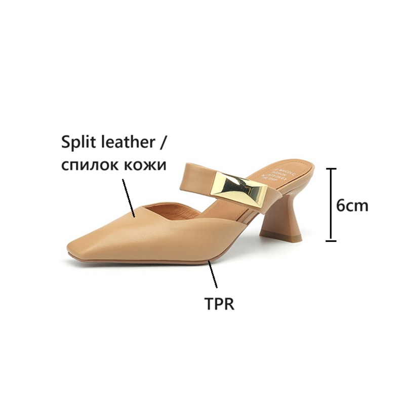 NEW Summer Women Mules Split Leather Shoes for Women Square Toe High Heel Slippers Cover Toe Slingback Sandals Metal Buckle Shoe