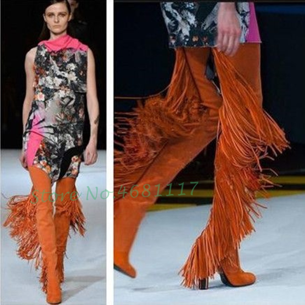 Fringes Stretch Thigh High Boots Women High Block Heels Trending Orange Suede Boots Slip On Autumn Women Round Toe Fashion Shoes