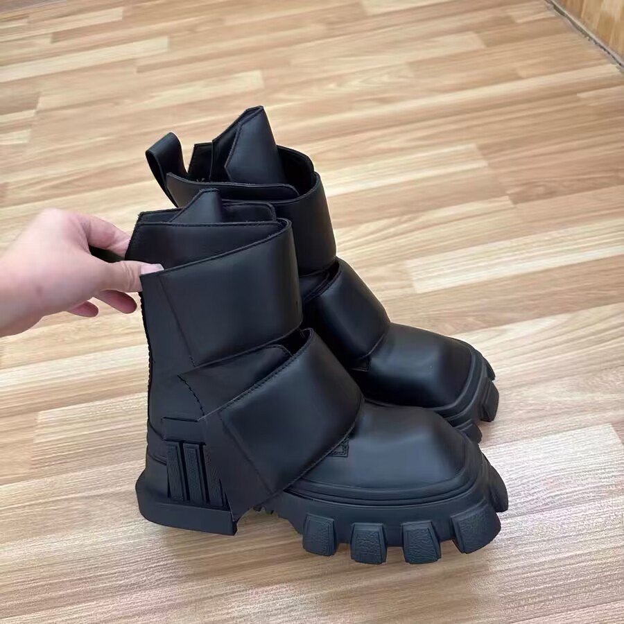 Women Motorcycle NEW Chunky Platform Square head Mid-Calf Lace Up Bandage Winter Casual Black Ankle Boots 7bae